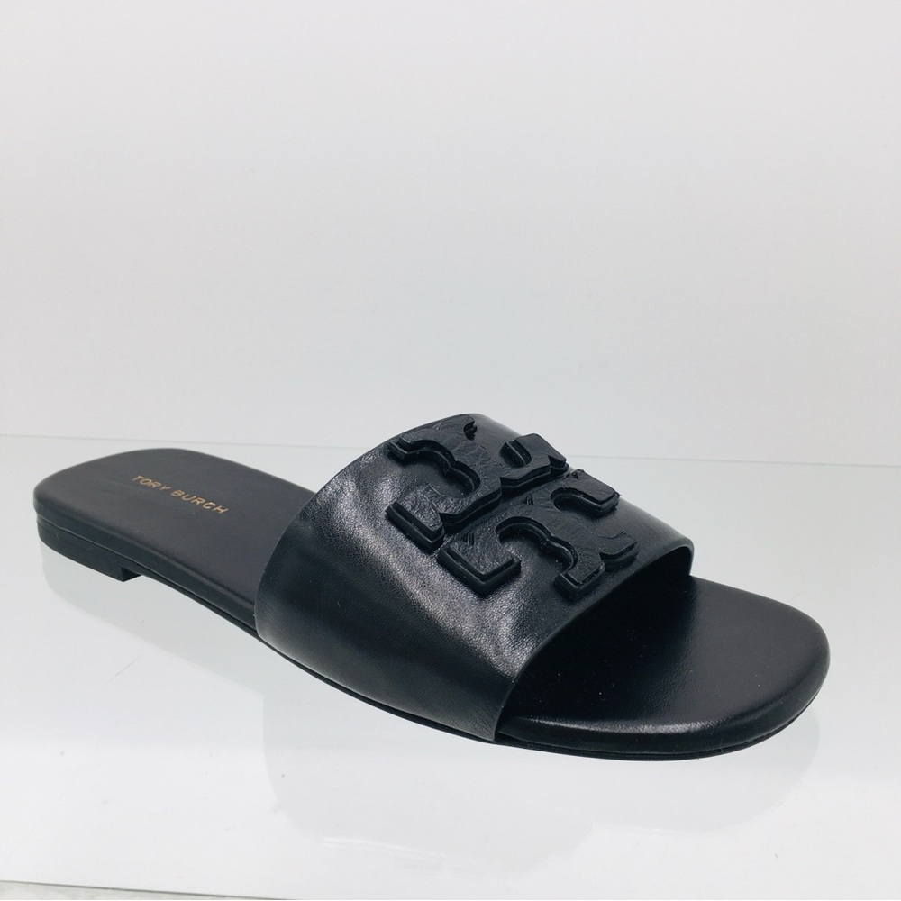 Tory Burch INES Flat Black Leather Slide Sandals 5 M